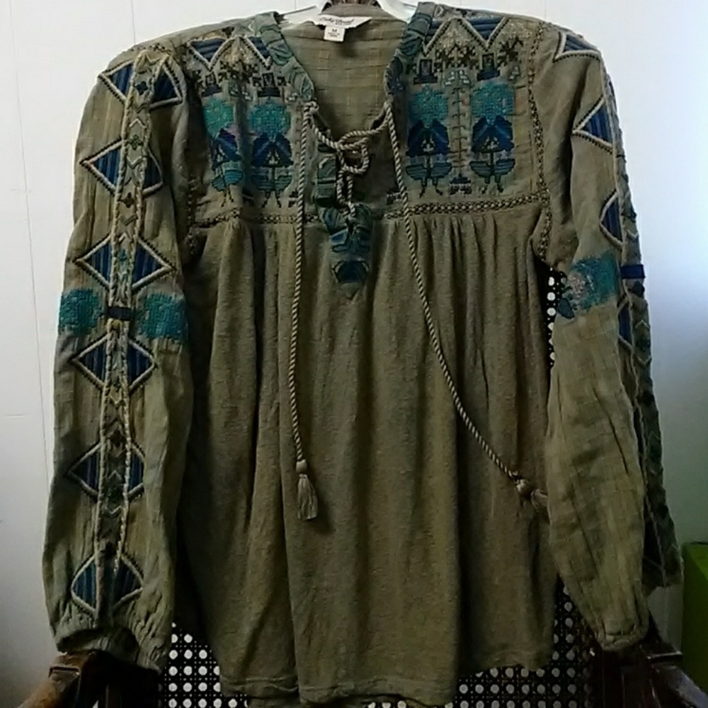 Lucky Brand Olive Blouse with Blue Embroidery